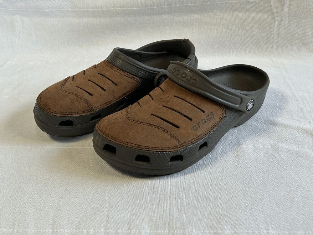 Men's Bogota Clog Crocs w/ Brown Leather Upper Slid On Sling Back Size 9M